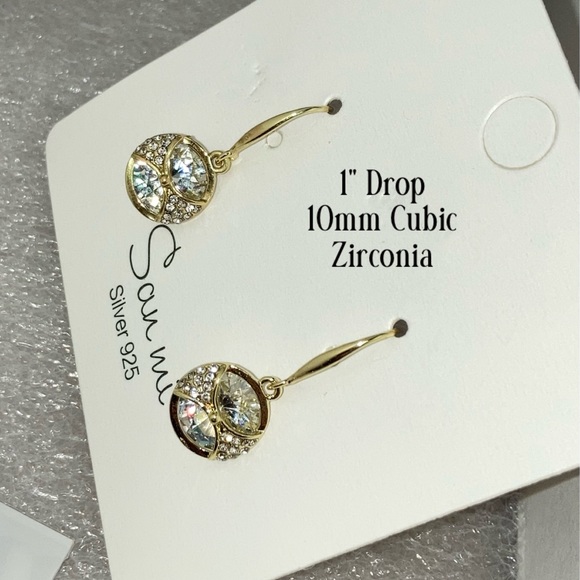 HOT Paved Petite Crystal Dangle Drop Gold Earrings - Picture 2 of 6
